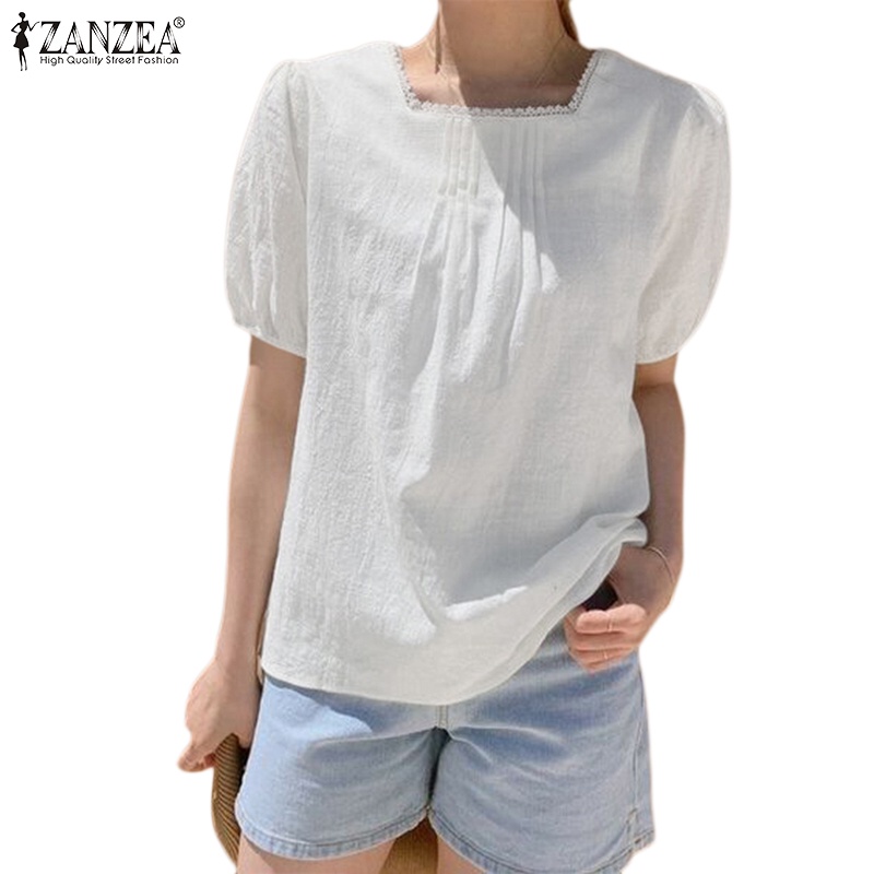 ZANZEA Áo Kiểu Cotton Tay Ngắn Phồng Cổ Vuông Màu Trơn Thời Trang Hàn Quốc Cho Nữ