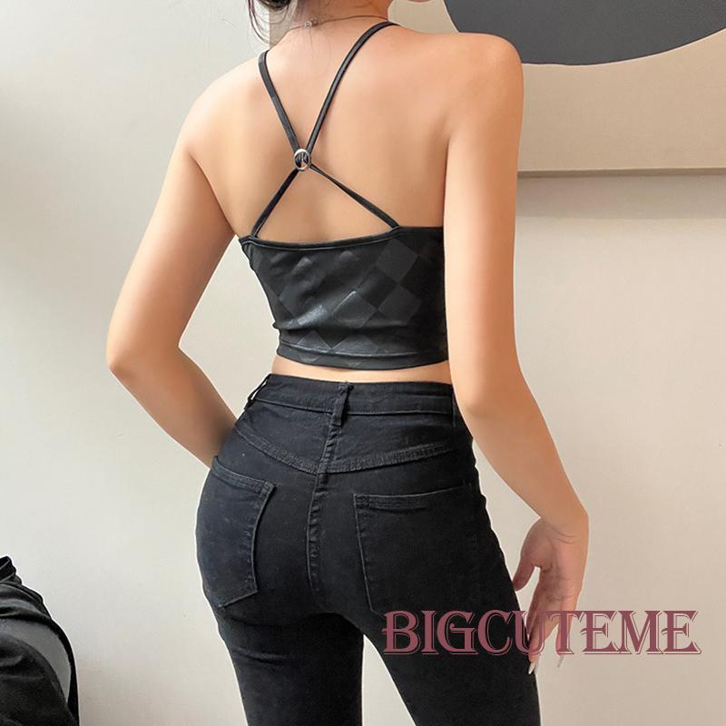 [] Áo Tank Top Màu Đen Kẻ Sọc Vuông Cổ Chéo Có Khóa Gài Thời Trang Cho Nữ