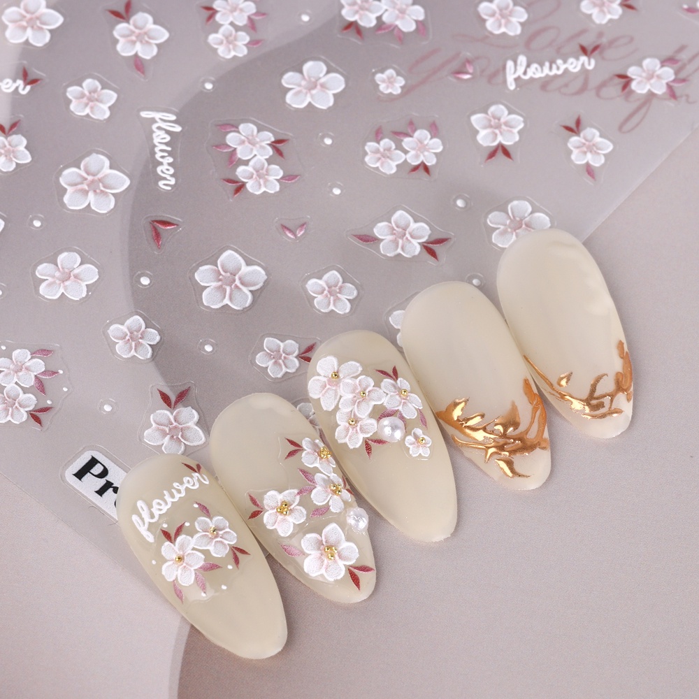 Miếng Dán Trang Trí Móng Tay Họa Tiết Hoa Trắng 5D Xinh Xắn