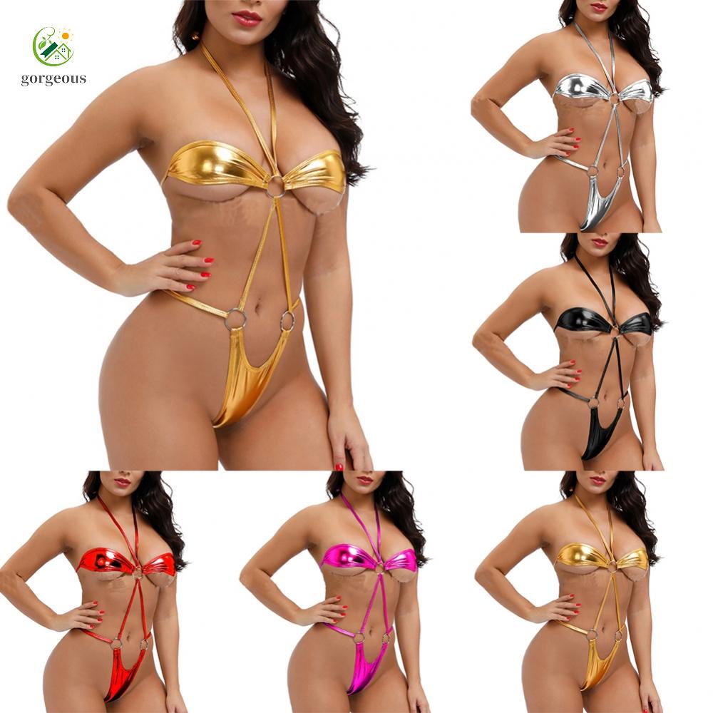 GORGEOUS~Swimwear Women Bikini Halter Lingerie Shiny Underwear Bodysuit Breathable