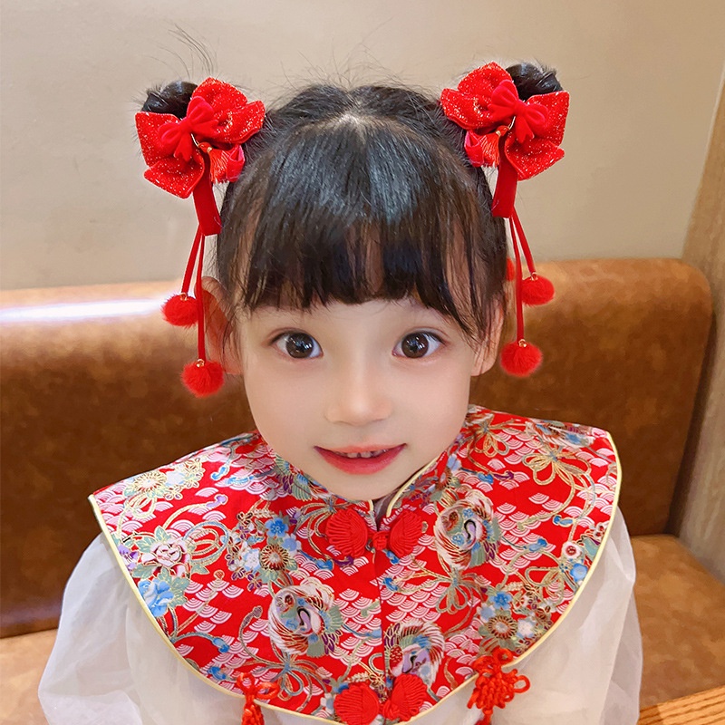 Kẹp Tóc Nơ Đỏ Phối Tua Rua Phong Cách Trung Hoa Mừng Năm Mới Cho Bé Gái