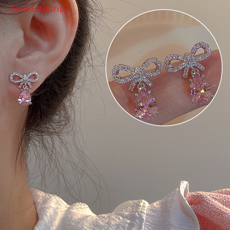 Set 1 / 2 Đôi Khuyên Tai Đính Đá Zircon Hồng Hình Giọt Nước Thanh Lịch Cho Nữ Mới