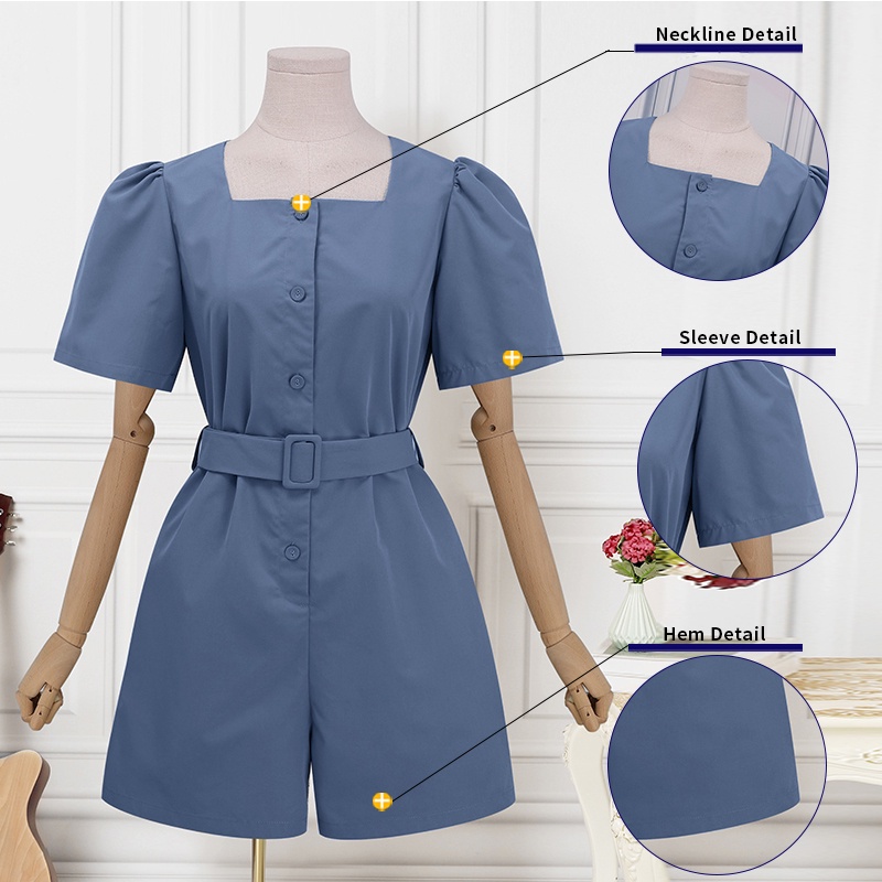 Jumpsuit Cổ Vuông Tay Ngắn Phối Túi Phong Cách Hàn Quốc Thời Trang Cho Nữ