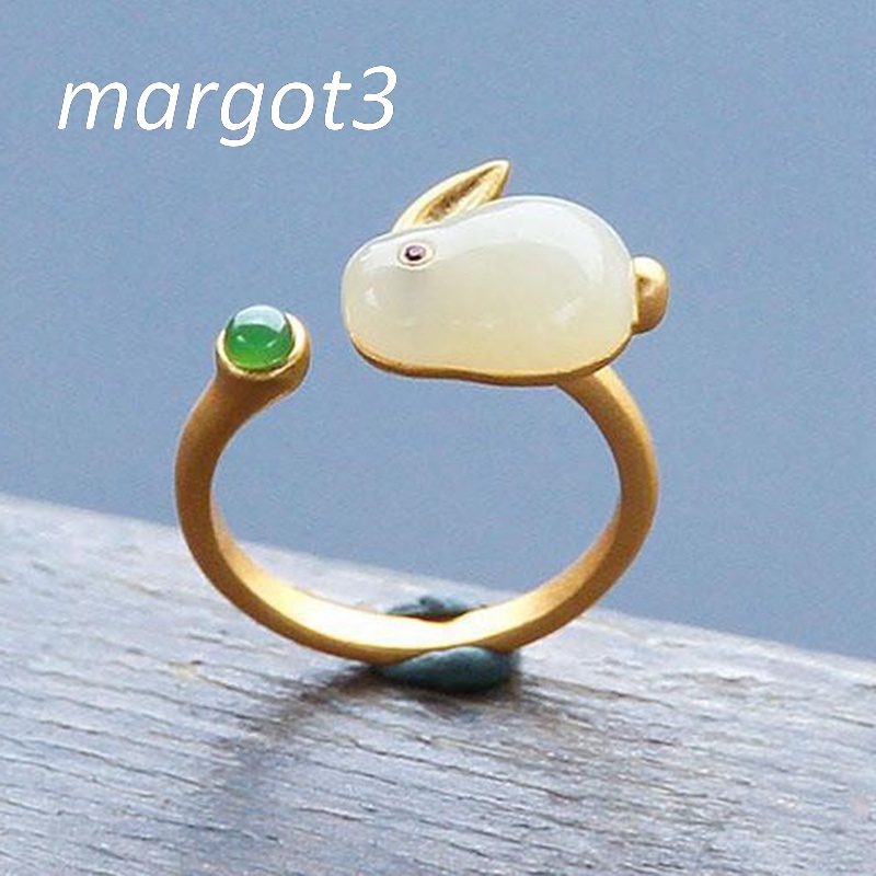 Margot Nhẫn Đính Đá Ngọc Bích Tự Nhiên Hình Thỏ Dễ Thương Có Thể Điều Chỉnh Cho Nữ