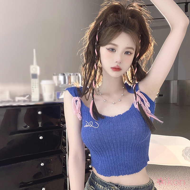 Áo Croptop Sát Nách Màu Sắc Tương Phản Cột Nơ Phong Cách Hàn Quốc Cho Nữ