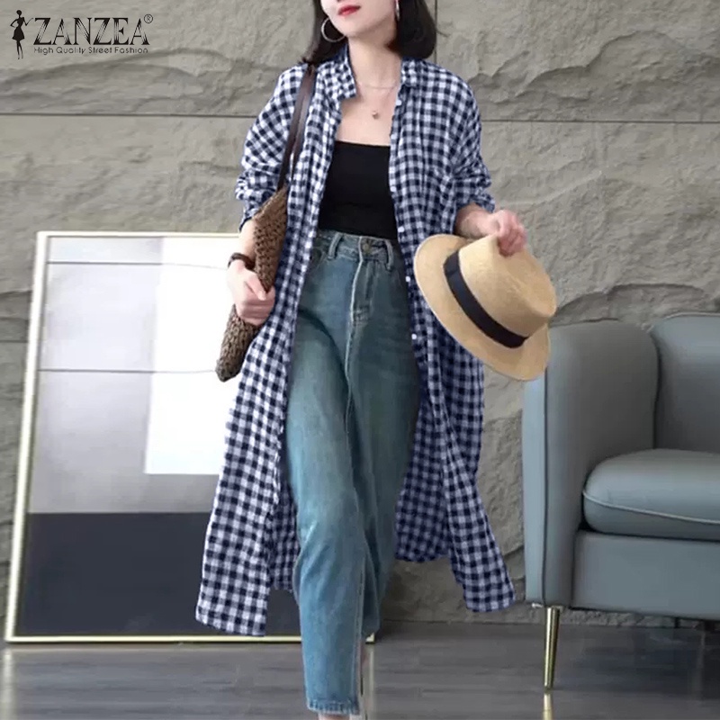 ZANZEA Áo Sơ Mi Dài Tay Họa Tiết Ca Rô Thời Trang Dành Cho Nữ