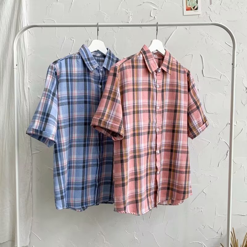 Áo Sơ Mi Tay Ngắn Dáng Rộng Họa Tiết Kẻ Sọc Phong Cách Retro Mỹ Thời Trang Mùa Hè Cho Nữ