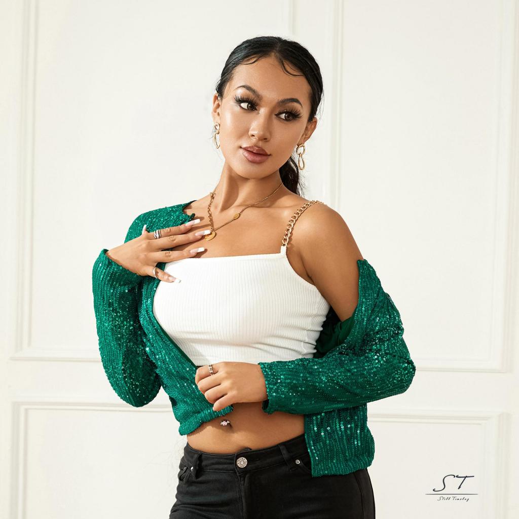 Áo Khoác Cardigan CY03 Tay Dài Đính Kim Sa Phía Trước Thời Trang Dự Tiệc Cho Nữ