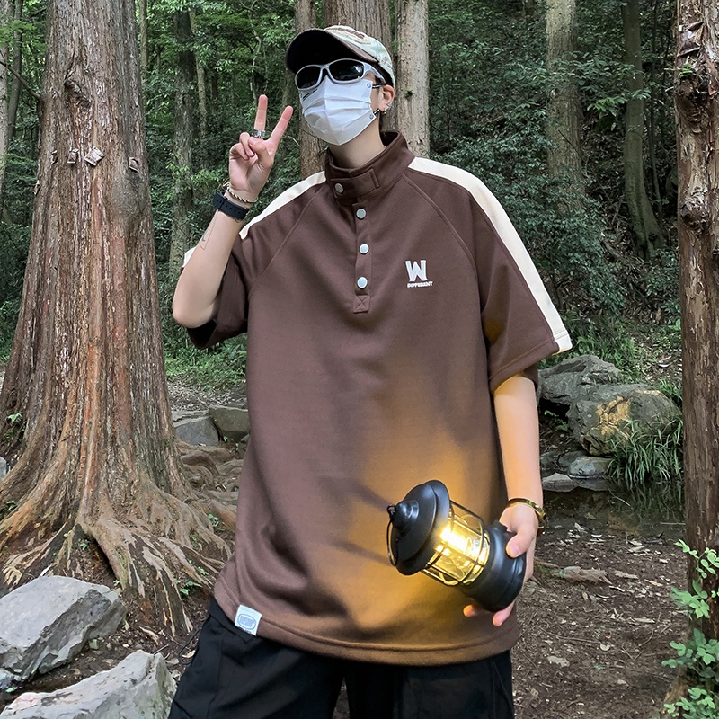 Áo Thun Polo Tay Ngắn Cổ Đứng Phối Màu Tương Phản Phong Cách Retro Mỹ Cho Nam