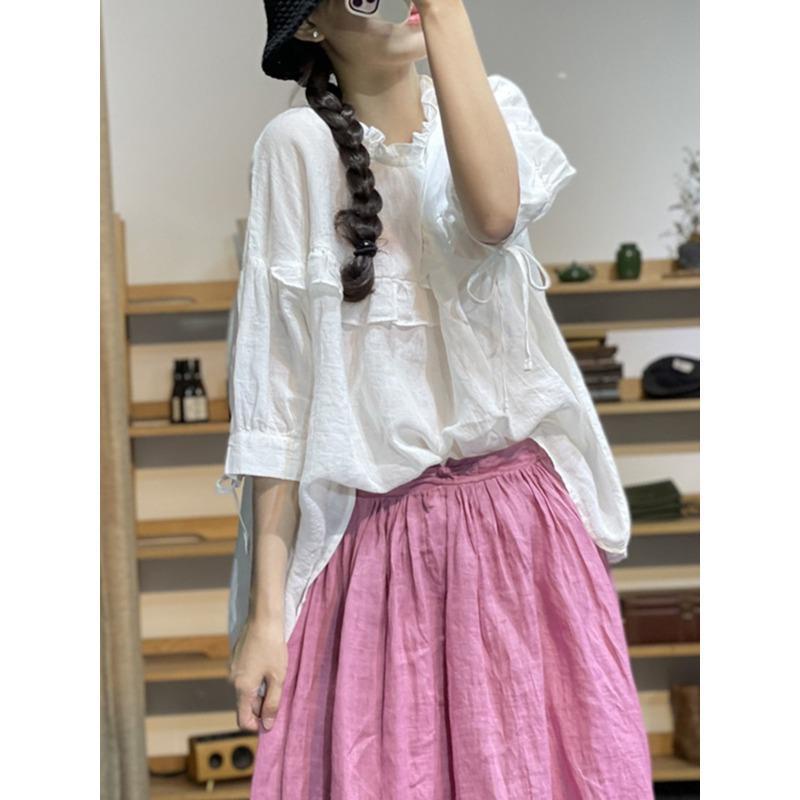 Áo Thun Cotton Lanh Dáng Rộng Màu Trơn Cổ Điển Thời Trang Xuân Thu Cho Nữ
