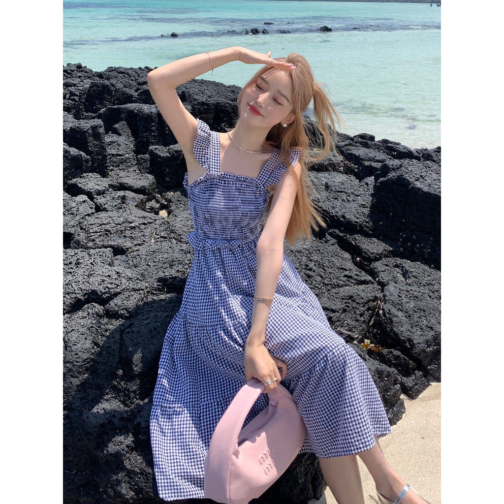 Đầm Hở Lưng Họa Tiết Caro Đính Nơ Phong Cách Hàn Quốc Thời Trang Mùa Hè Cho Nữ