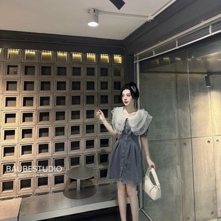 Váy đi chơi, váy jean phối voan cổ bèo tầng cực hot