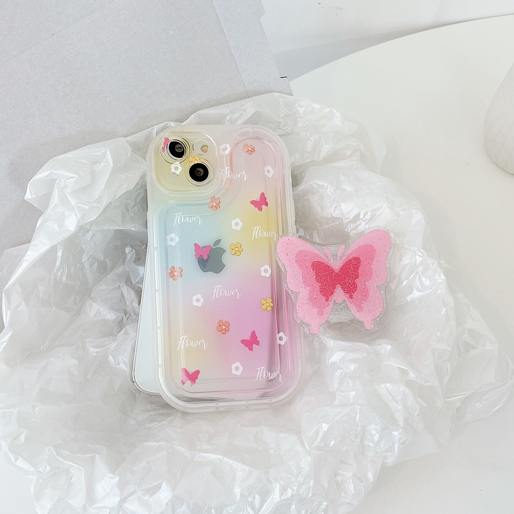 Ốp Điện Thoại TPU Silicone Mềm Trong Suốt Chống Sốc In Hình Bướm Hồng Sáng Tạo Có Giá Đỡ Cho iPhone 14 Plus 13 12 11 Pro Max