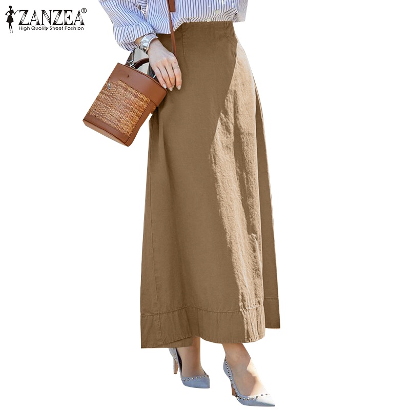 Zanzea Chân Váy Cotton Màu Trơn Lưng Cao Có Khóa Kéo Phong Cách Hàn Quốc Cho Nữ