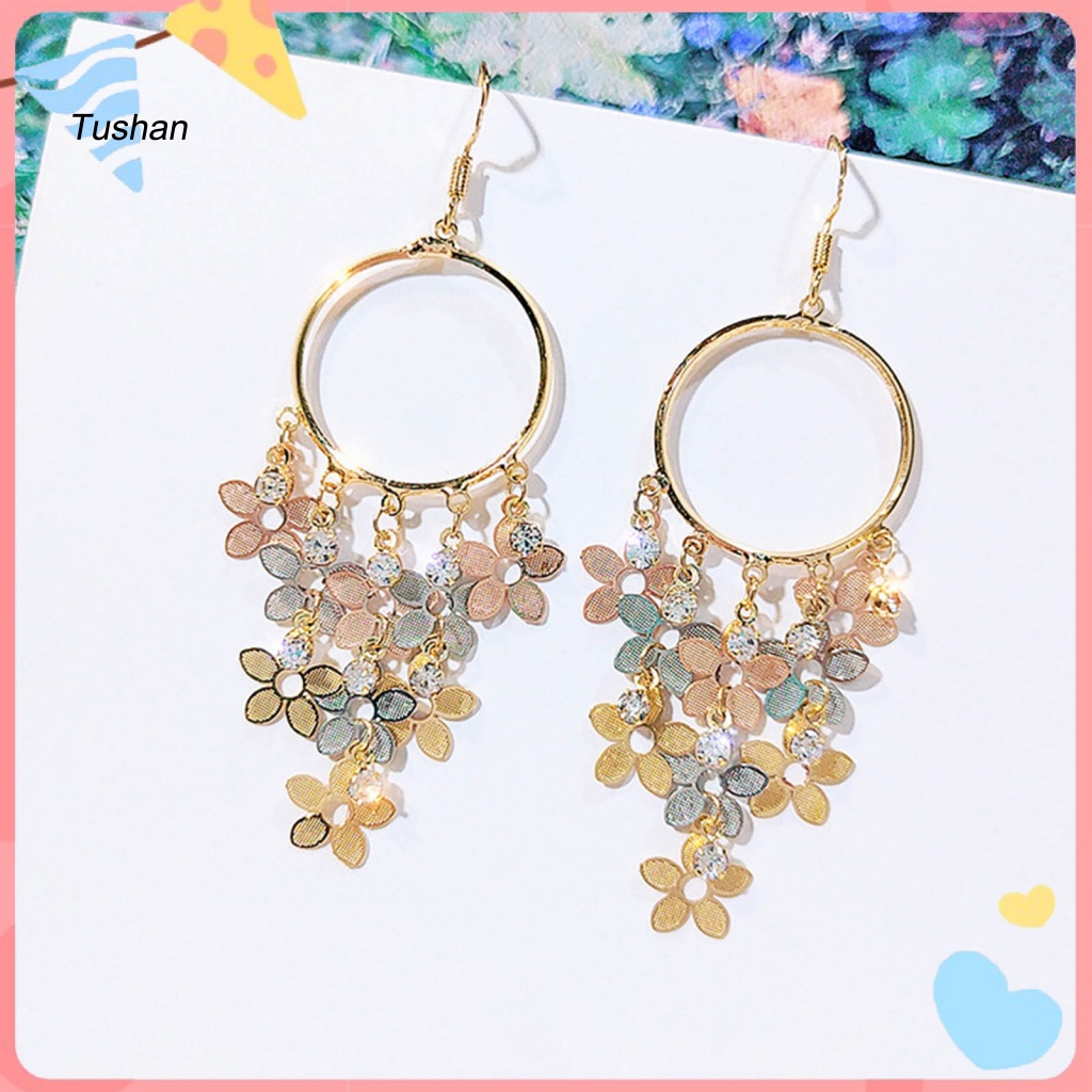 1 Đôi Bông Tai Hình Hoa Đính Đá Zircon Lấp Lánh Phong Cách Bohemian