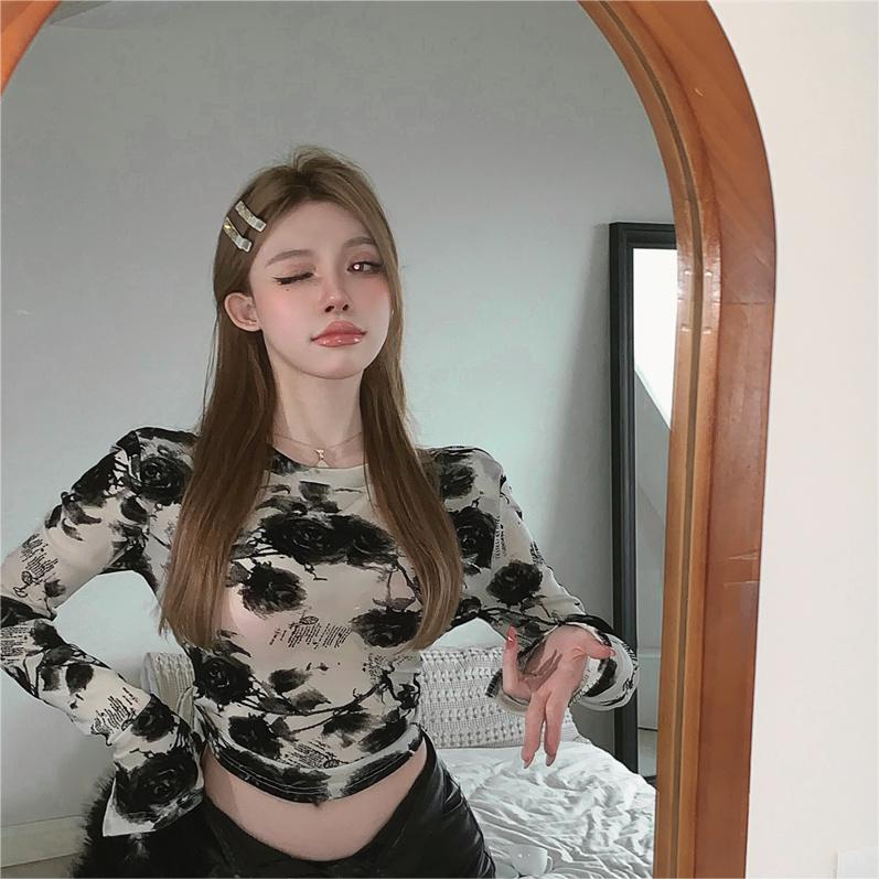 Áo Thun Tay Dài Dáng Ôm Ngắn In Họa Tiết Kiểu Retro Thời Trang Mùa Hè 2023