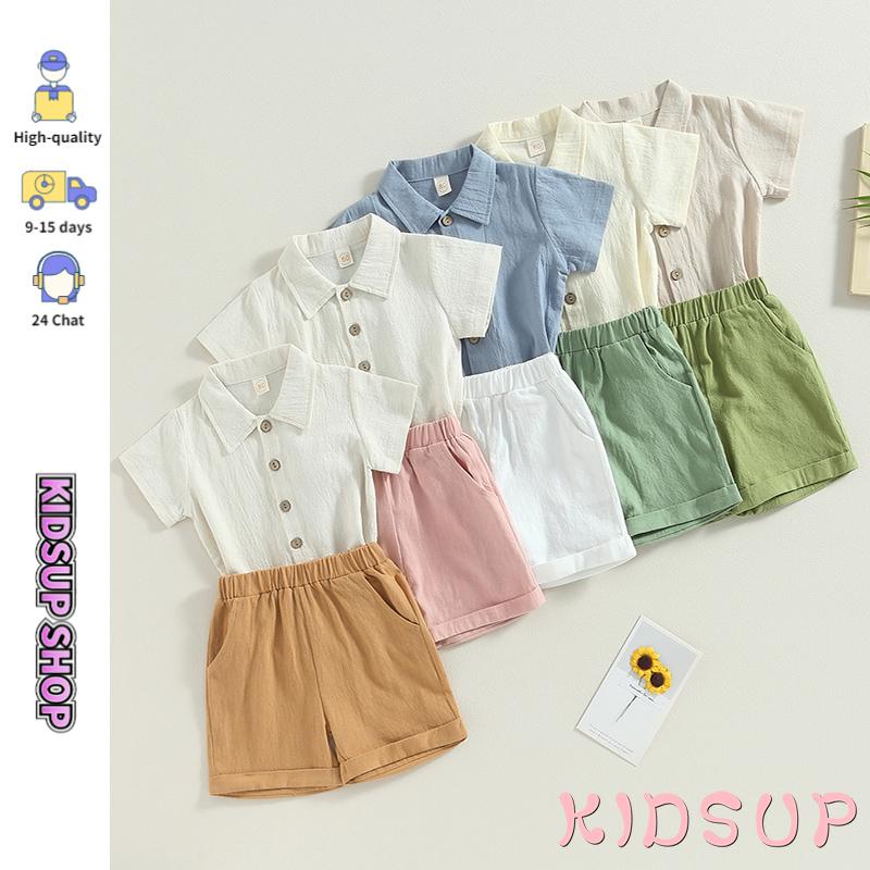 Set Đồ Mùa Hè 2 Món Gồm Áo Sơ Mi Tay Cộc Cổ Bẻ + Quần Eo Thun Màu Trơn Cho Bé Trai