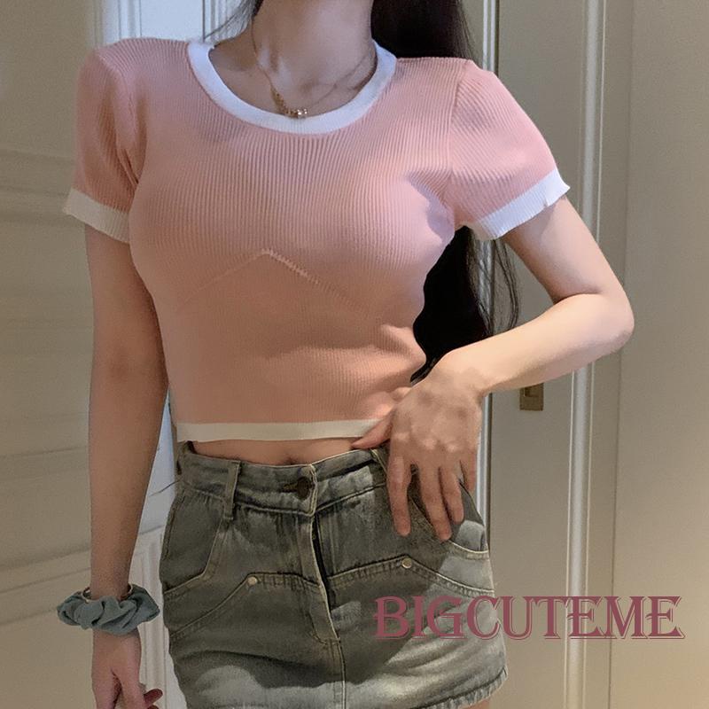Áo Croptop Dệt Kim Tay Ngắn Cổ Tròn Màu Sắc Tương Phản Thời Trang Đường Phố Cho Nữ