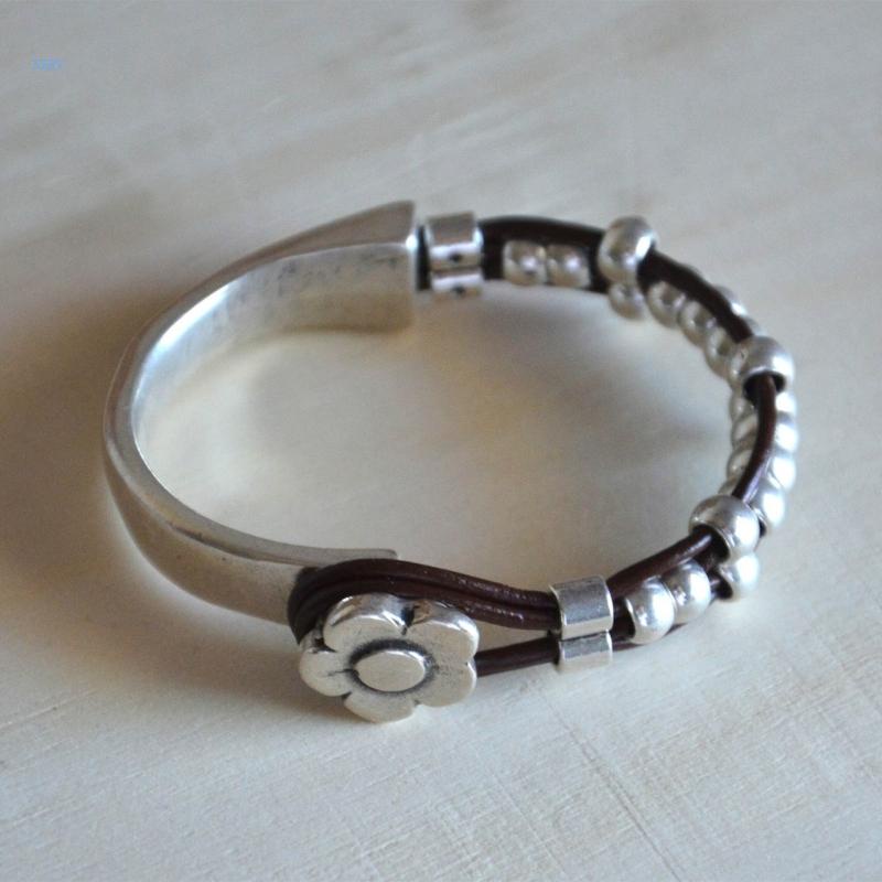 Vòng Tay Da Hai Lớp Mặt Hình Hoa Cúc Phong Cách Hip Hop Thời Trang Cho Nữ