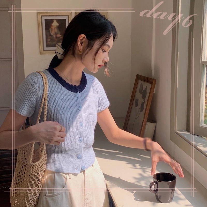 Áo Croptop Dệt Kim Tay Ngắn Cổ Tròn Màu Sắc Tương Phản Ngọt Ngào Thời Trang Cho Nữ