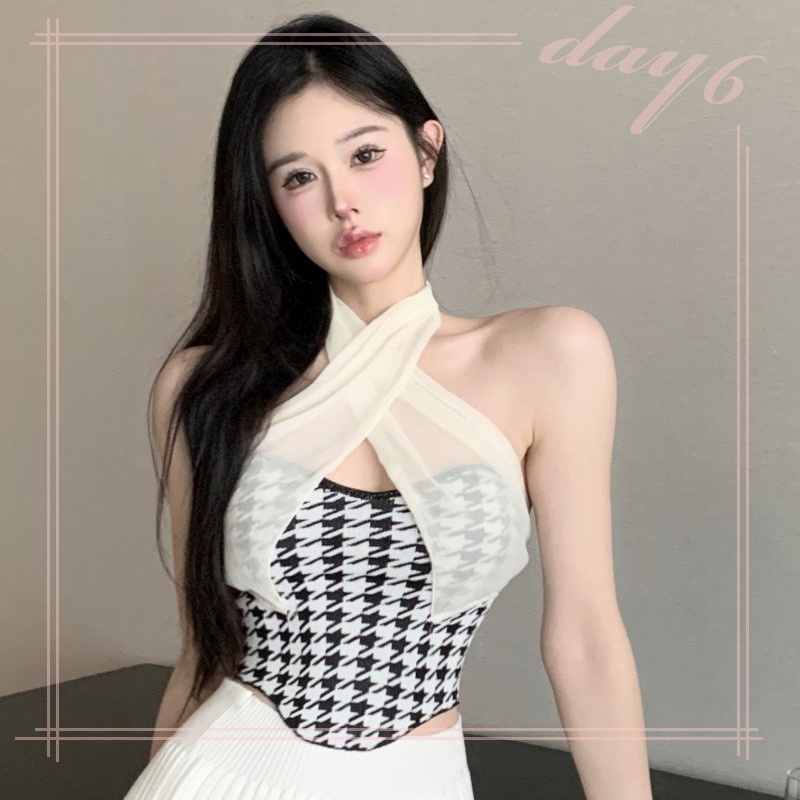 Áo Croptop Dệt Kim Phối Lưới Phong Cách Retro Cho Nữ