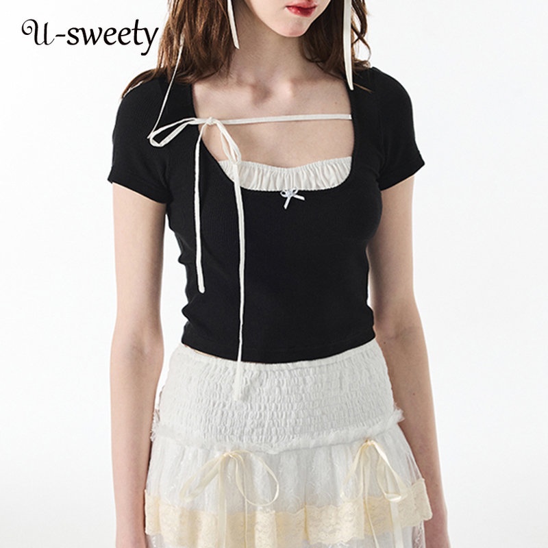 Áo Thun Cổ Tròn Tay Ngắn Dáng Ôm Màu Sắc Tương Phản Thời Trang 2023 Dành Cho Nữ