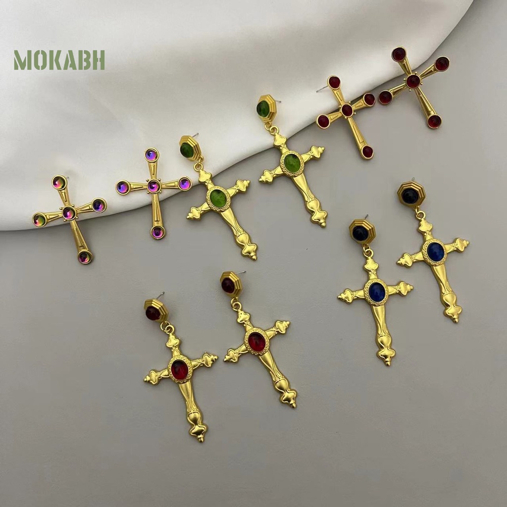 1 Đôi Bông Tai Hình Thánh Giá Bằng Thủy Tinh Màu Sang Trọng Phong Cách Trung Cổ Dành Cho Nữ