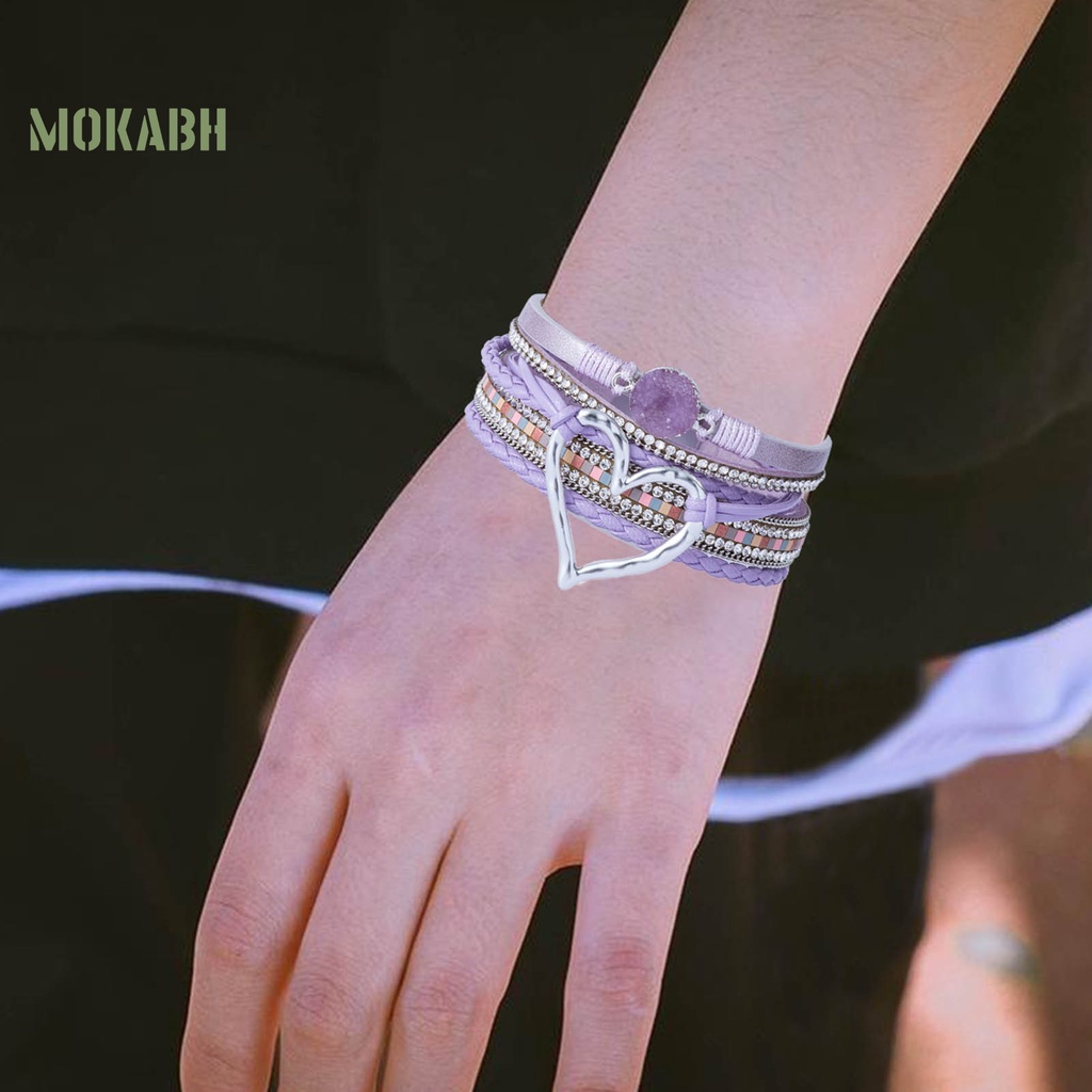 Vòng Tay Giả Da Nhiều Lớp Đính Đá Hình Trái Tim Phong Cách Bohemian Dành Cho Nữ