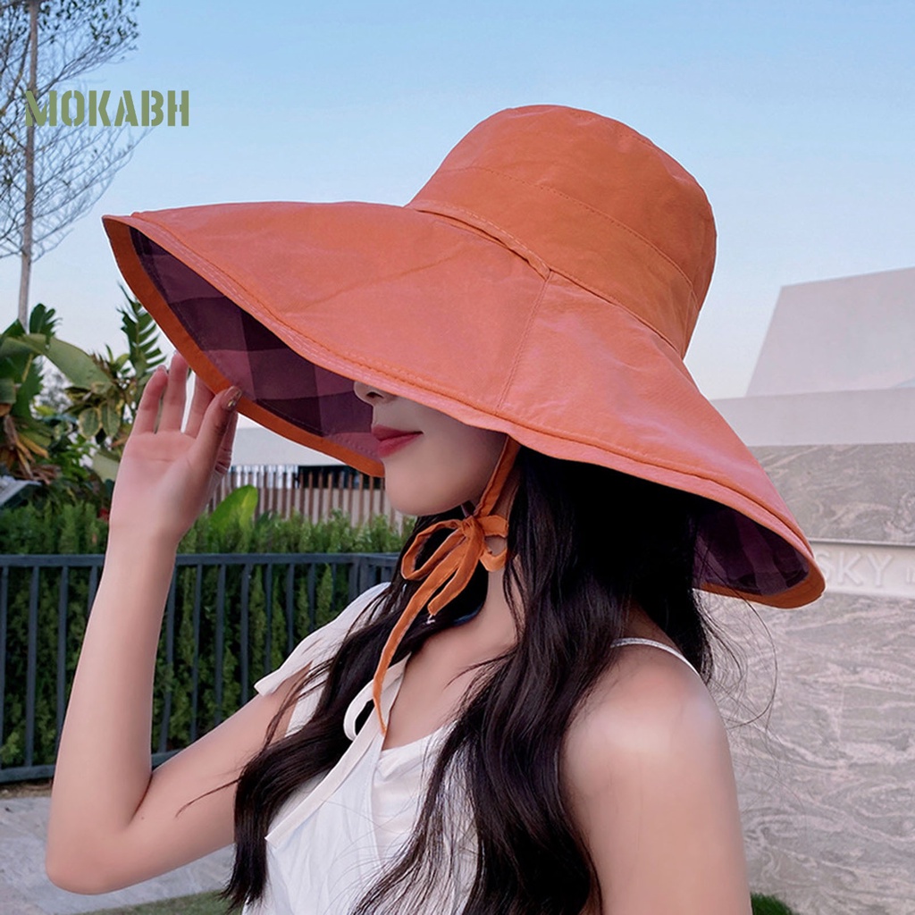 Nón Tai Bèo Hai Mặt Cột Dây Họa Tiết Sọc Caro Màu Sắc Trơn