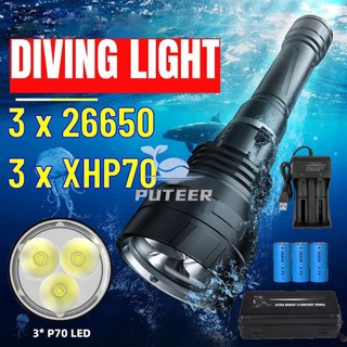 [Mới] Đèn pin lặn 70W chuyên nghiệp Siêu sáng 3x P70 Led dưới nước 80m Đèn pin lặn 3x26650 Pin trắng Ánh sáng vàng Chế độ 2 đèn