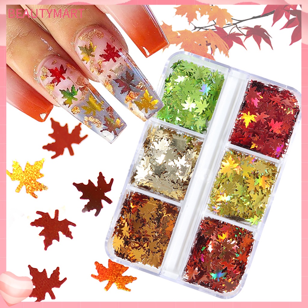 1 Hộp Kim Tuyến Lấp Lánh Hình Lá Phong 6 Ngăn Không Phai Màu Sắc Sống Động Trang Trí Móng Tay Nghệ Thuật
