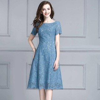 Váy ren chất lượng cao thanh lịch dành cho nữ Plus Size Quần áo nữ Haze Blue Mid-Length Đầm phong cách Hàn Quốc Mùa hè Phong cách mới Sang trọng Đi lại ngắn tay trượt tuyết chữ A
