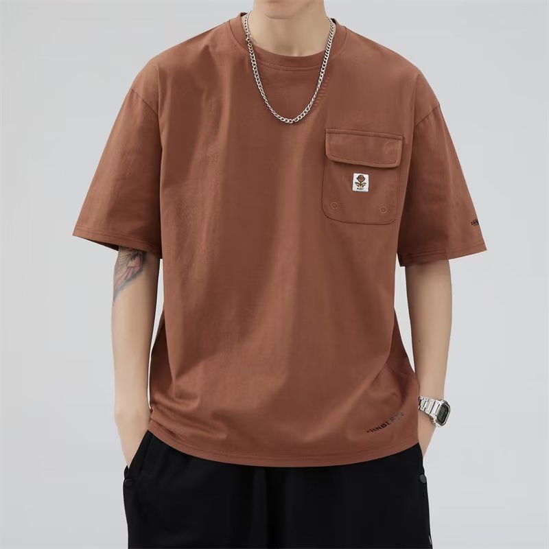 Áo Thun Cotton Ngắn Tay Màu Trơn Phối Túi Thời Trang Đường Phố Mùa Hè Cho Nam