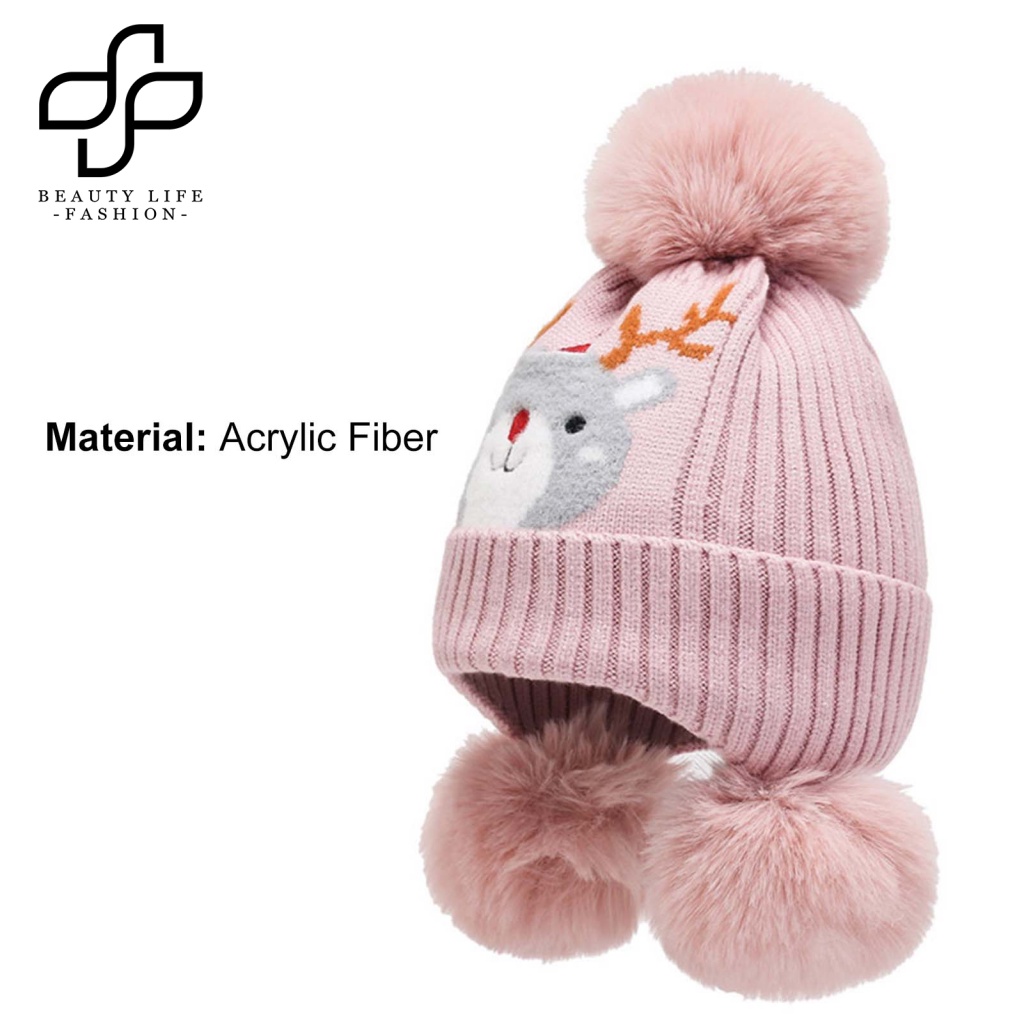 Nón Beanie Họa Tiết Thú Hoạt Hình Trang Trí Bóng Lông Cho Bé