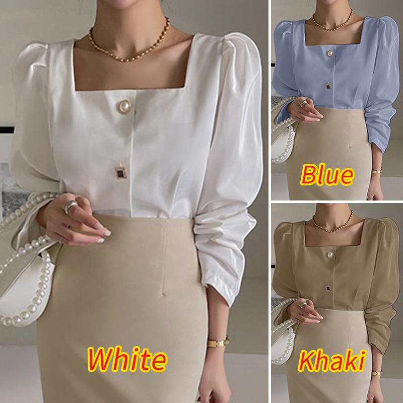 Áo Sơ Mi Tay Dài Cổ Vuông Cài Nút Phía Trước Thời Trang Hàn Quốc Cho Nữ