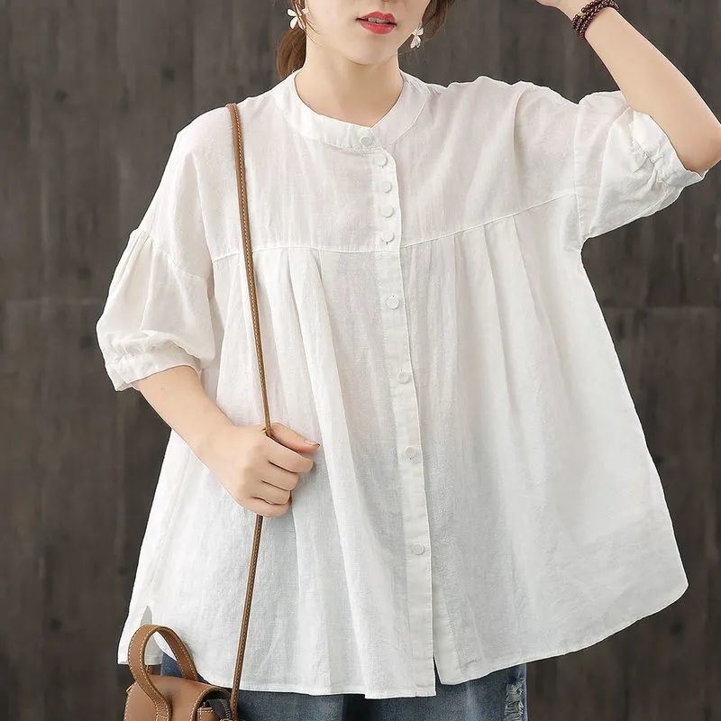 Áo Sơ Mi cotton Lanh Dáng Rộng Màu Trơn Cỡ Lớn Thời Trang Mùa Hè 2023 Cho Nữ
