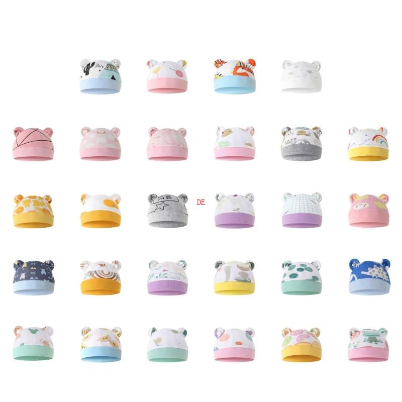 Mũ Beanie Mềm Mại In Họa Tiết Đáng Yêu Không Xương Tai Gấu Cho Bé Sơ Sinh 0-1 Tháng Tuổi