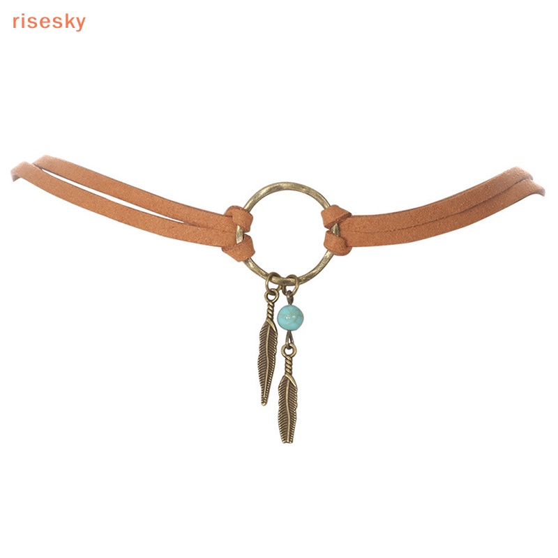 Vòng Cổ Choker Da Nâu Đính Hạt Và Lông Vũ Phong Cách Boho Thời Trang Cho Nữ