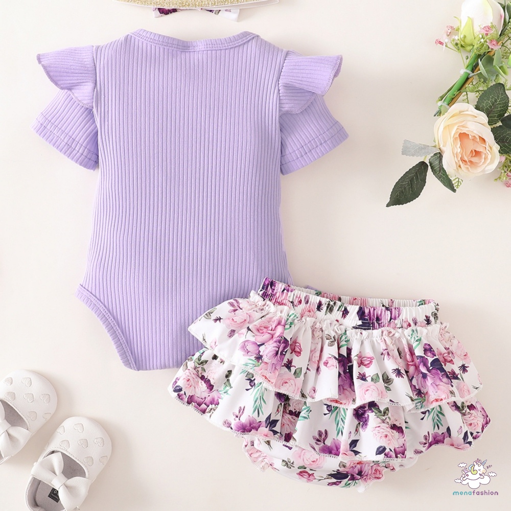 Bộ Áo Liền Quần Tay Ngắn In Chữ Gân + Quần Sooc Hoa Nhiều Lớp + Băng Đô Cài Tóc Thời Trang Cho Bé Gái