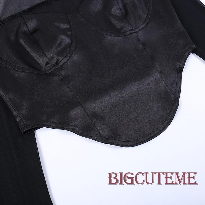 [] Áo Thun Crop Top Tay Dài Loe Phối Lưới Không Đối Xứng Ôm Dáng Vừa Vặn Cho Nữ