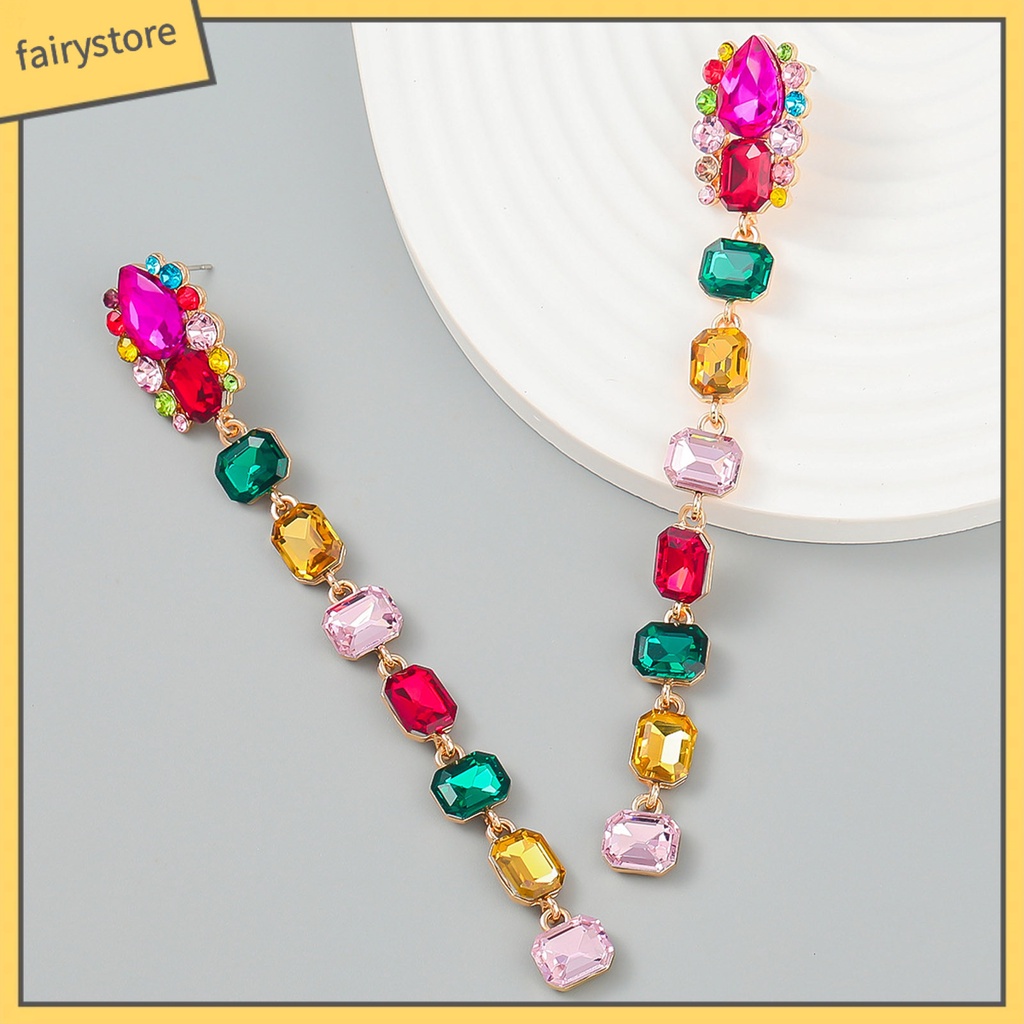 1 Đôi Bông Tai Hình Học Dáng Dài Đính Đá Nhiều Màu Thời Trang