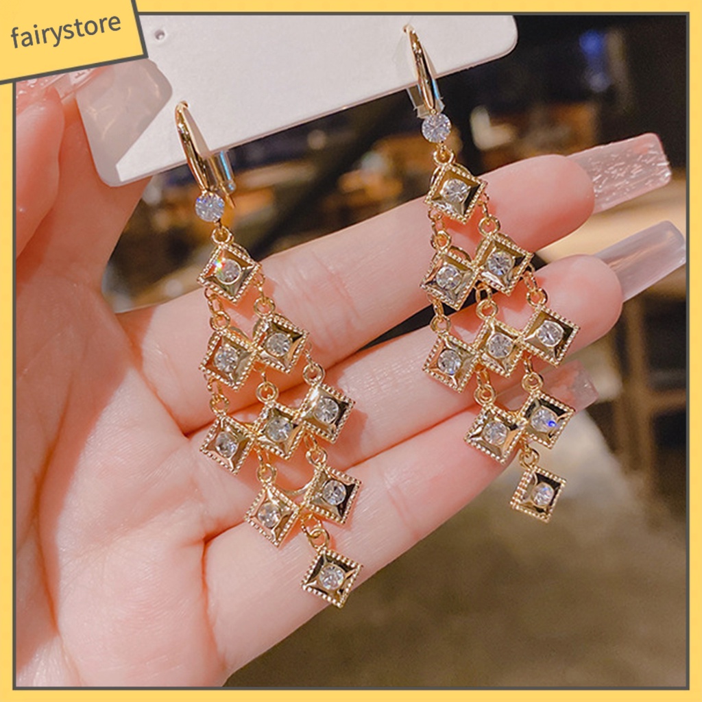 1 Đôi Bông Tai Dáng Dài Đính Đá Lấp Lánh Thời Trang Cho Nữ