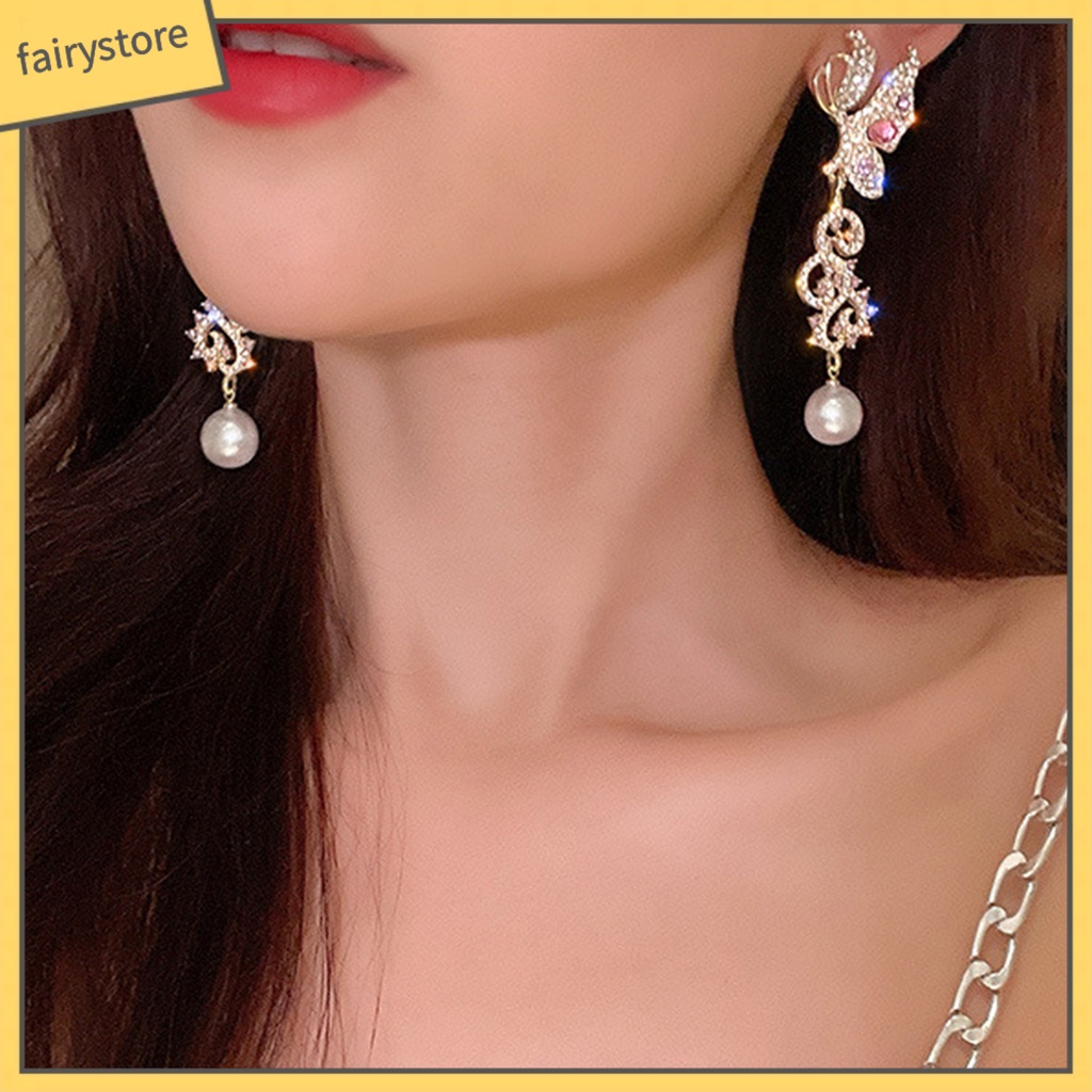 1 Đôi Bông Tai Thả Hình Bướm Rỗng Đính Ngọc Trai Sáng Bóng Dành Cho Nữ