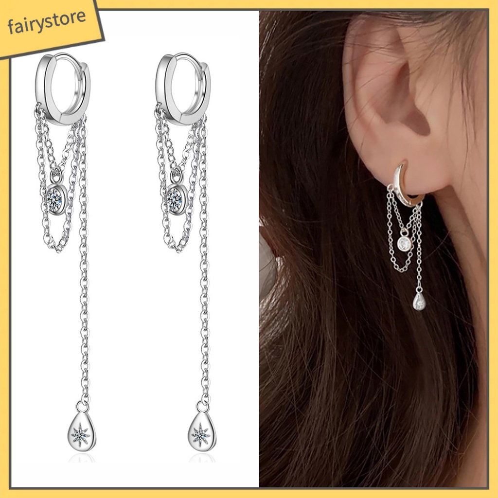 1 Đôi Bông Tai Kim Loại Dài Hình Giọt Nước Đính Đá Thời Trang Dành Cho Nữ