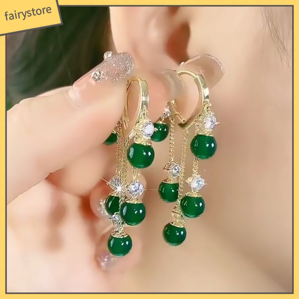 [FRO] 1 Đôi Bông Tai Thời Trang Bắt Mắt Mạ Vàng Ngọc Lục Bảo Tua Rua Đánh Bóng Tinh Tế Màu Xanh Lá Cây Nhân Tạo