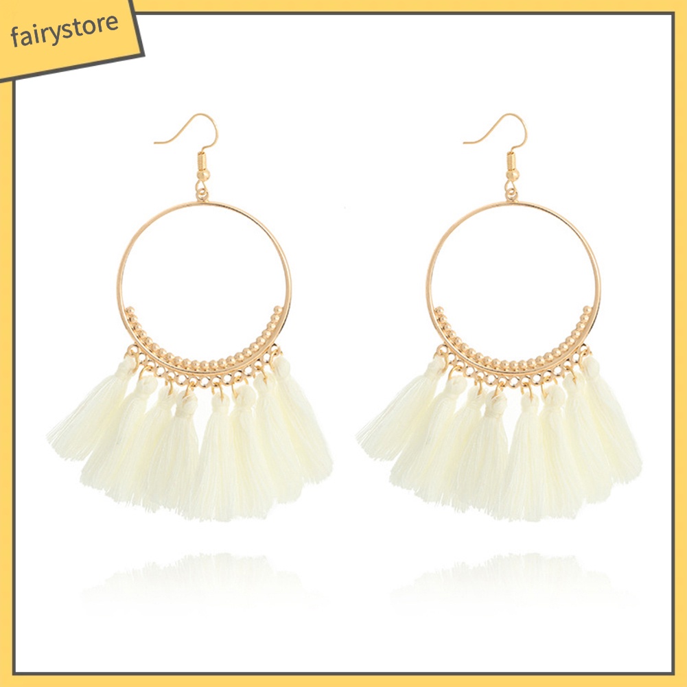 Đôi Khuyên Tai Tròn Phối Tua Rua Phong Cách Vintage Thời Trang Cho Nữ