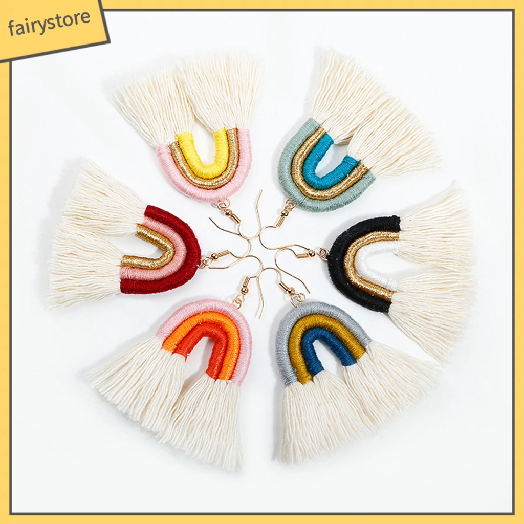 [FRO] 1 Đôi Bông Tai Móc Tua Rua Nhiều Lớp Màu Cầu Vồng Quyến Rũ Phong Cách Bohemian