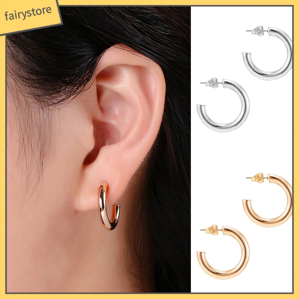 [FRO] 1 Đôi Bông Tai Hình Chữ C Hở Mạ Vàng Bóng Tối Giản Không Gây Dị Ứng Thời Trang