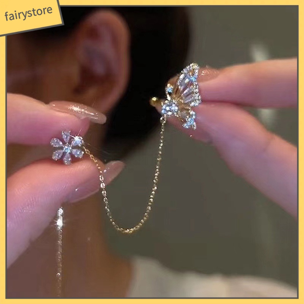 [FRO] 1 Đôi Bông Tai Dạng Kẹp Hình Bướm Rỗng Đính Đá Lấp Lánh Tinh Tế Chất Lượng Cao Trang Trí Tuyệt Vời