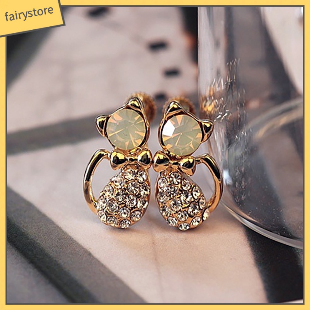 1 Đôi Bông Tai Hình Mèo Đính Đá Dễ Thương Dành Cho Nữ